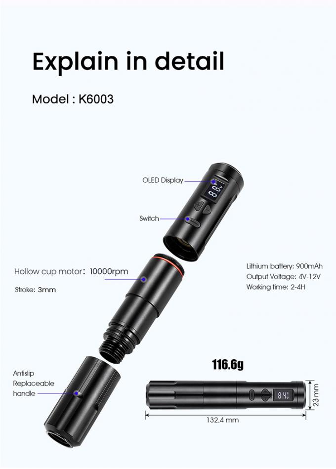 Dermografo senza fili Macchina elettrica per tatuaggi senza fili Macchina per il trucco permanente Aluminio 2 Batterie Teste Modello di connettore RCA 2